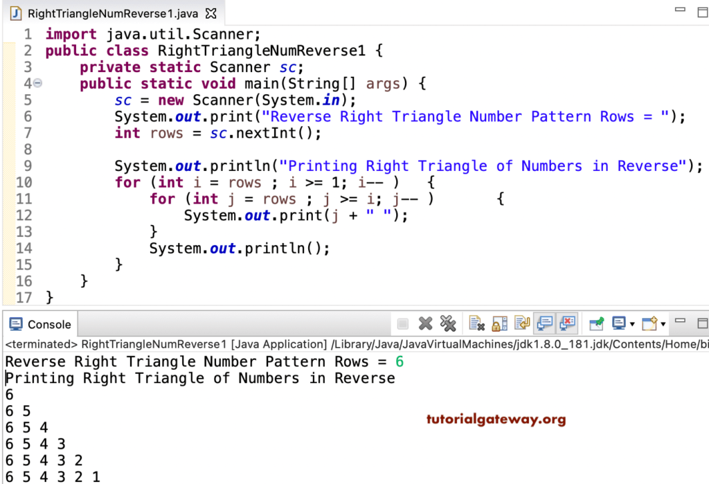 Java Program to Print Right Triangle of Numbers in Reverse