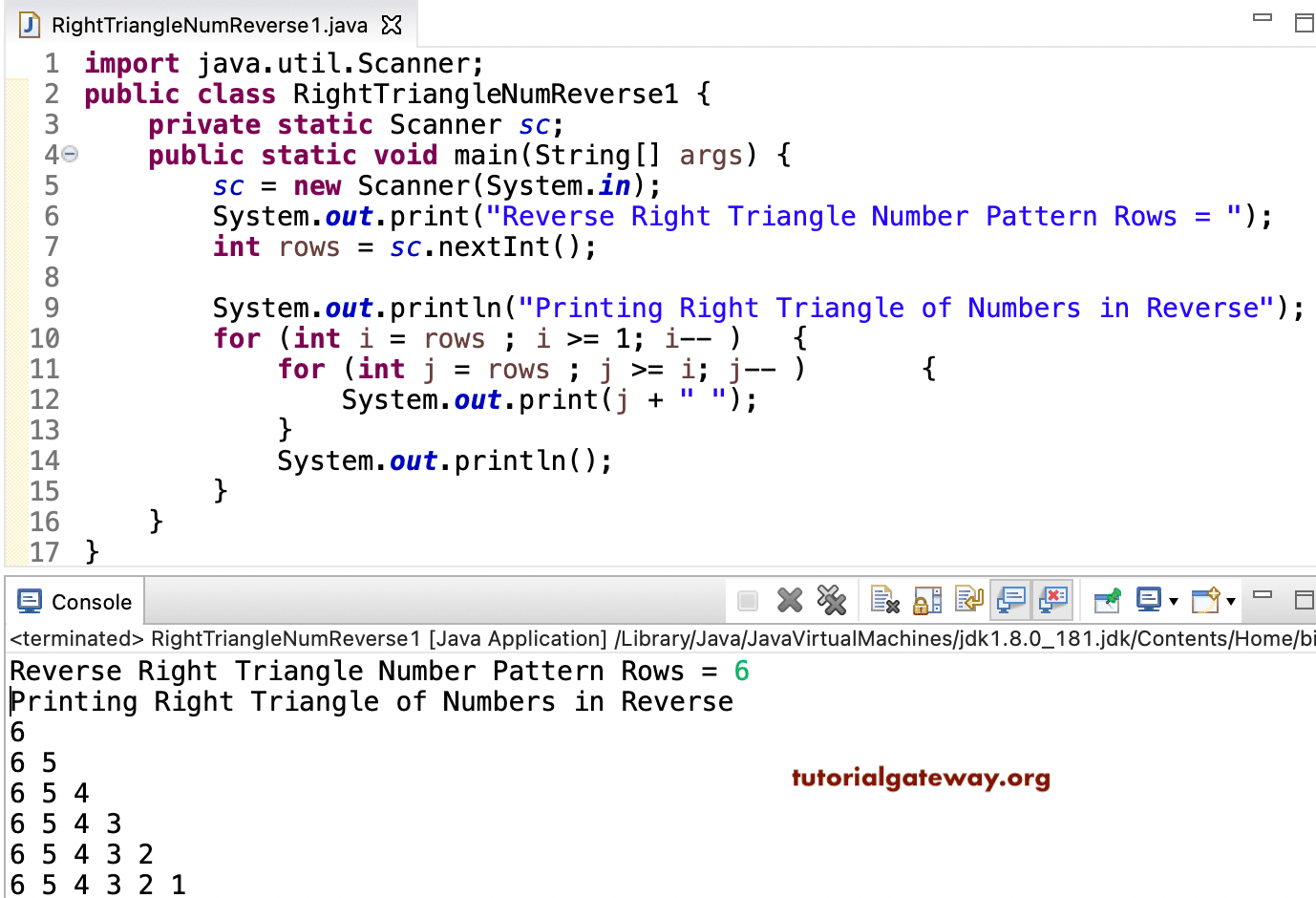 Java Program to Print Right Triangle of Numbers in Reverse