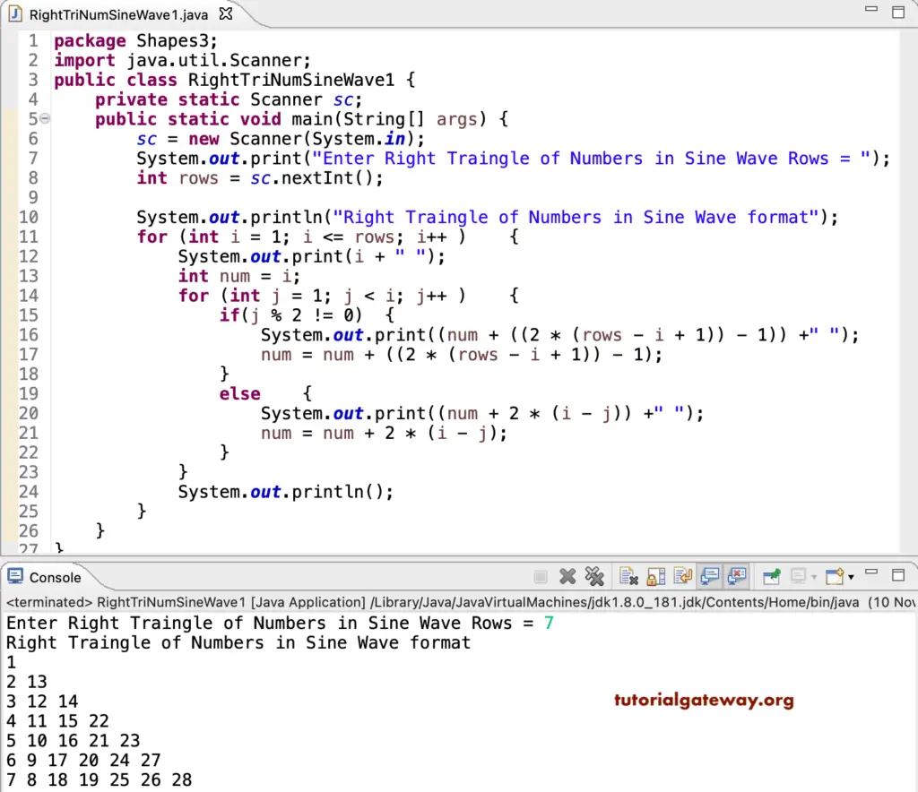 Java Program to Print Right Triangle of Numbers in Sine Wave Pattern