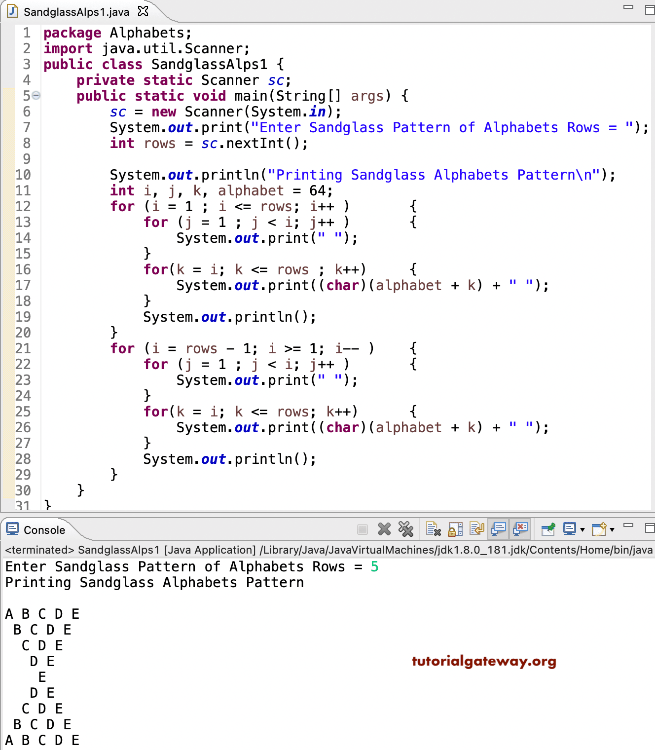 Java Program to Print Sandglass Alphabets Pattern