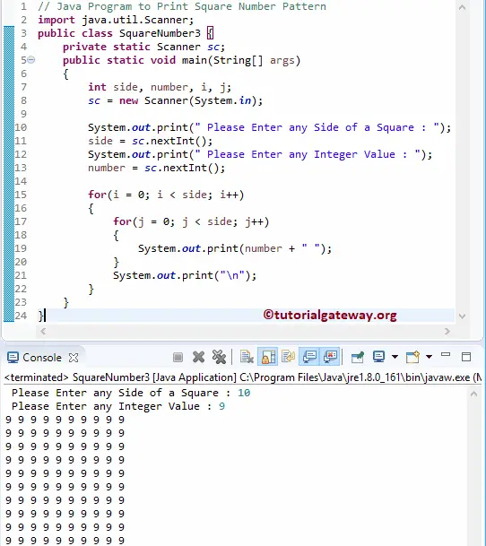 Java Program to Print Square Number Pattern 3