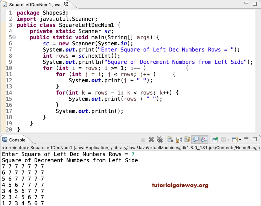 Java Program to Print Square of Left Decrement Numbers Pattern