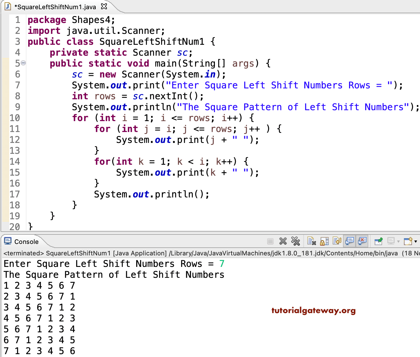 Java Program to Print Square of Left Shift Numbers Pattern