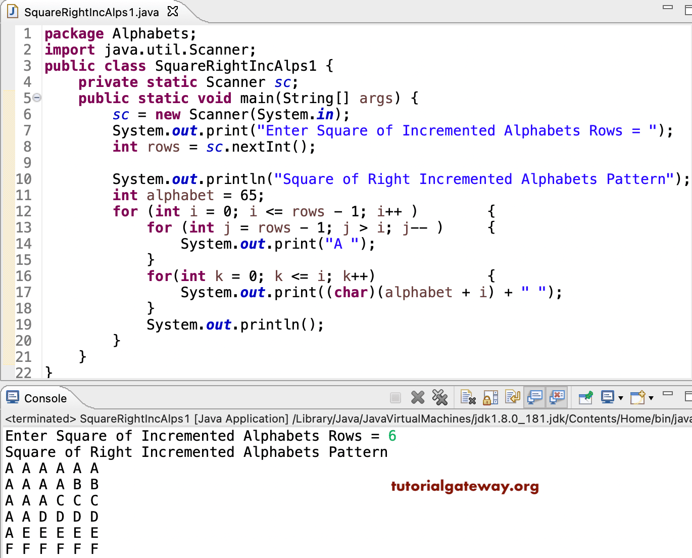 Java Program to Print Square of Right Increment Alphabets Pattern