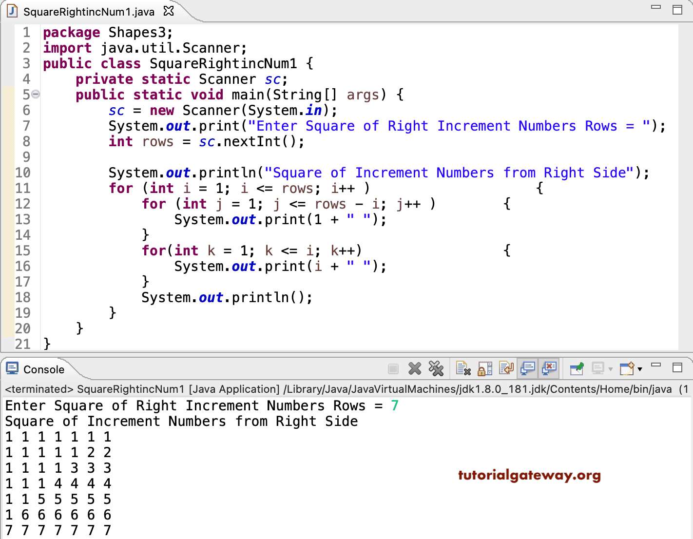 Java Program to Print Square of Right Increment Numbers Pattern
