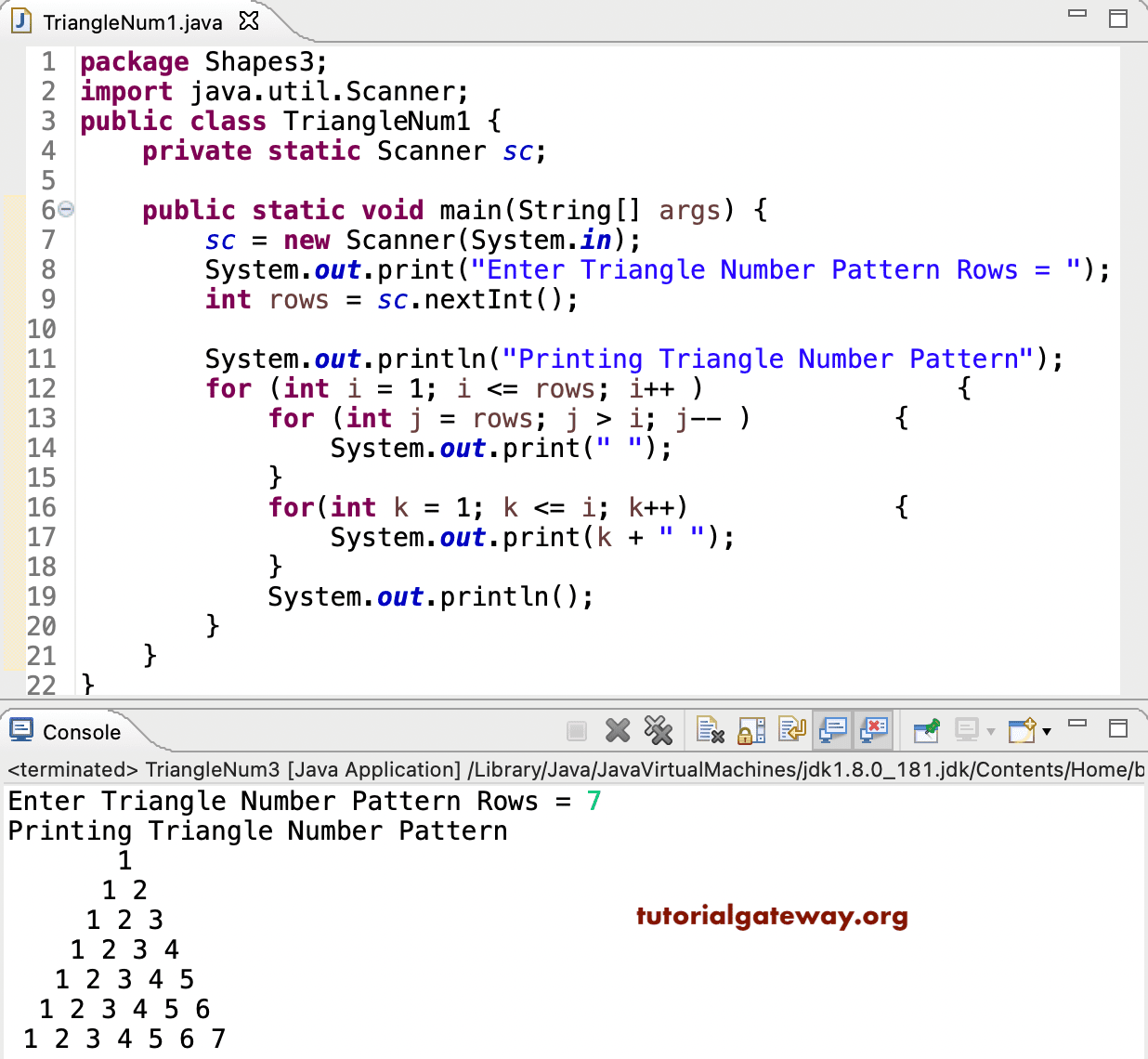 Java Program to Print Triangle Numbers Pattern