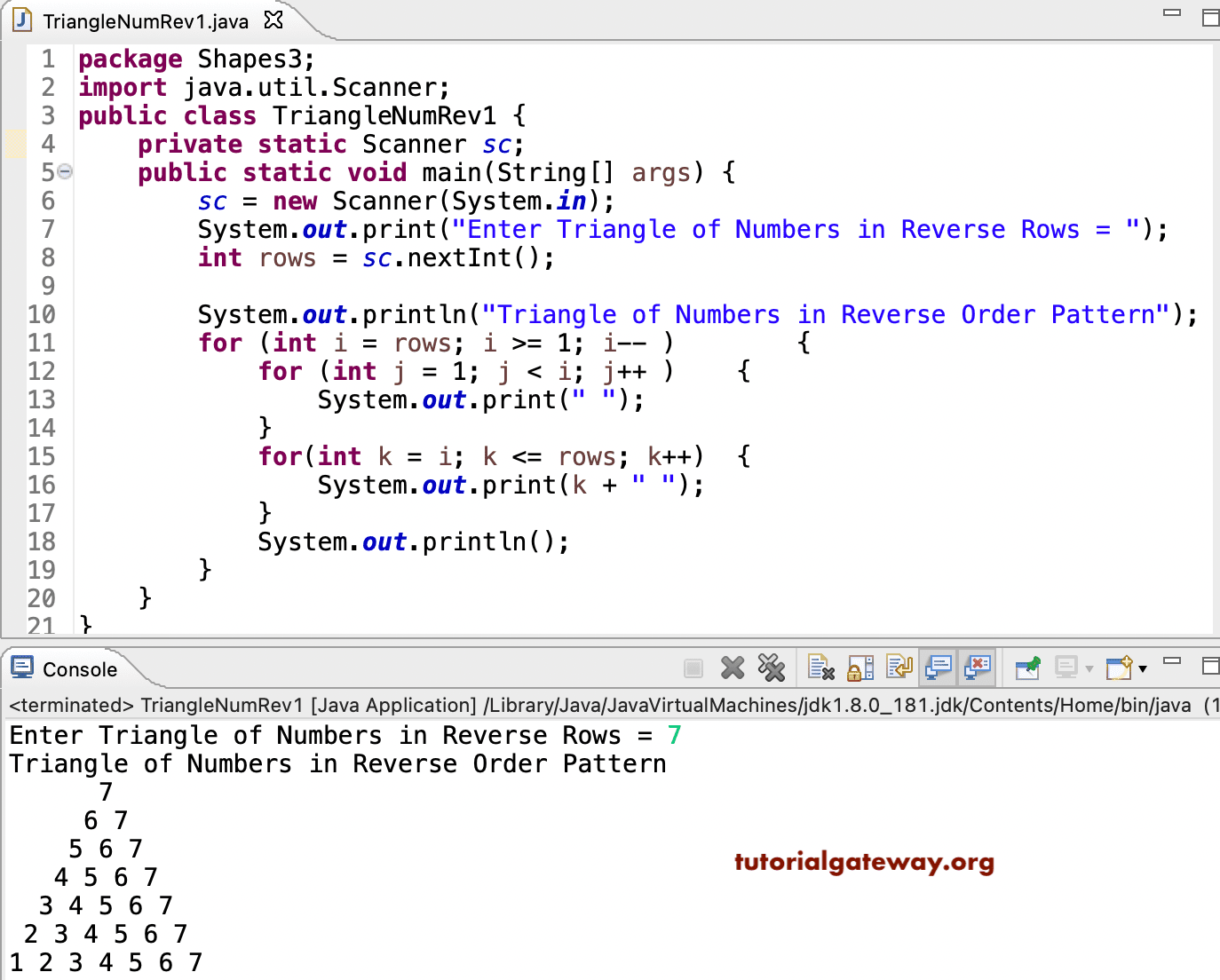 Java Program to Print Triangle of Numbers in Reverse Pattern
