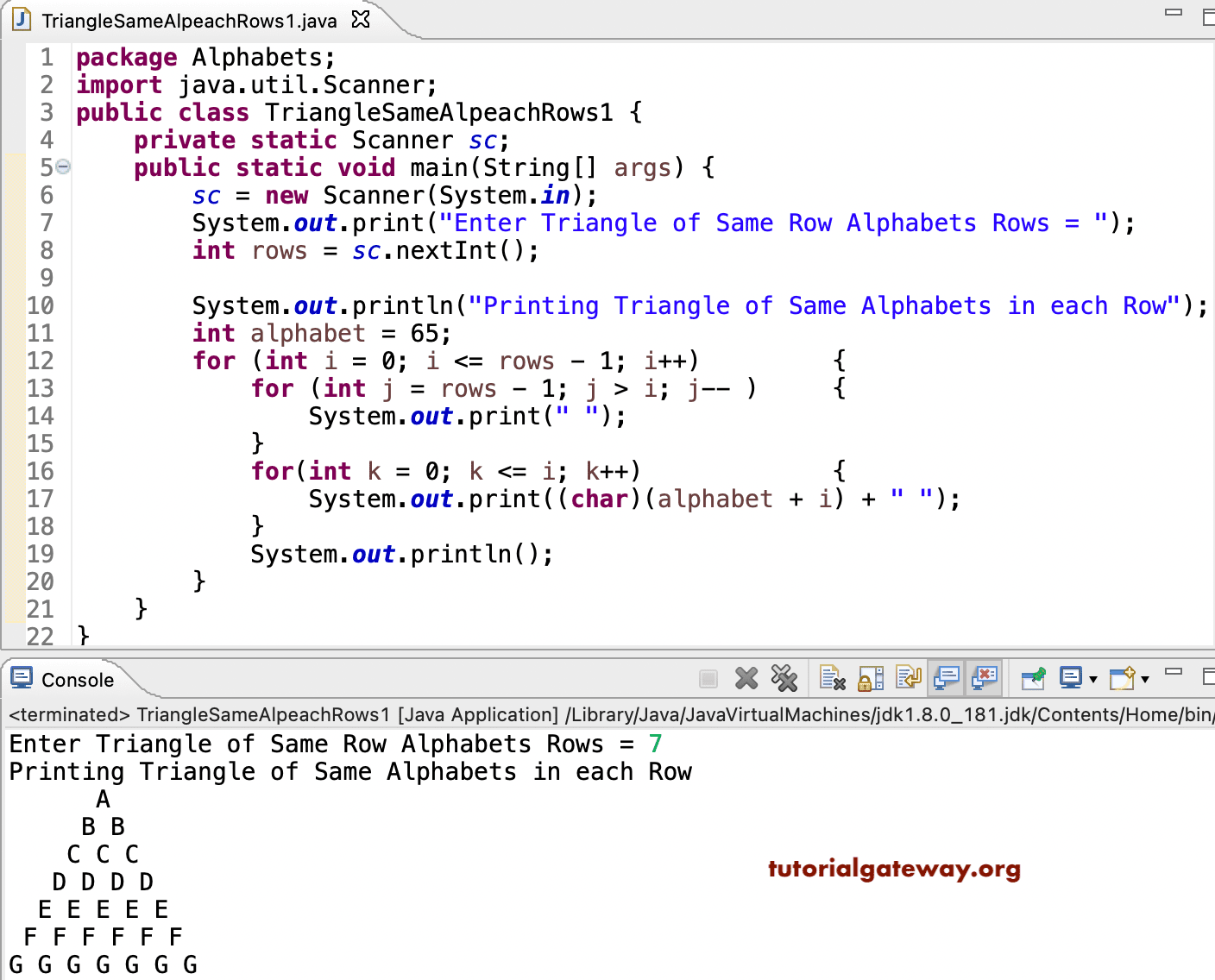 Java Program to Print Triangle of Same Alphabets Pattern