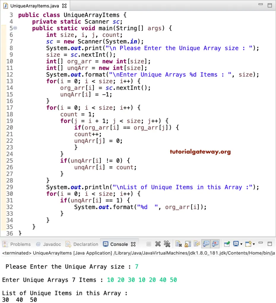 Java Program to Print Unique Array Items 1