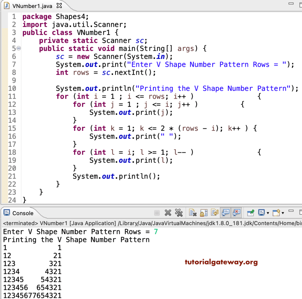 Java Program to Print V Numbers Pattern