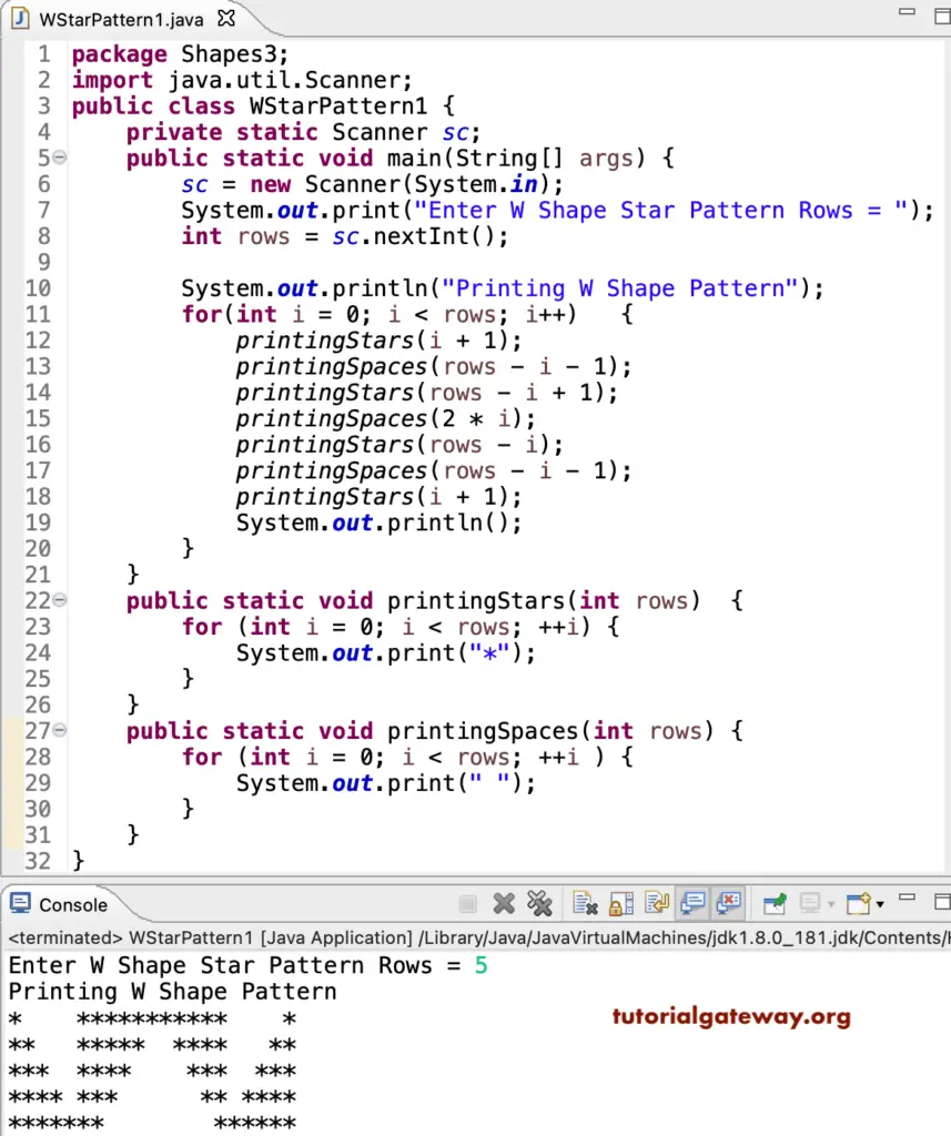 Java Program to Print W Star Pattern