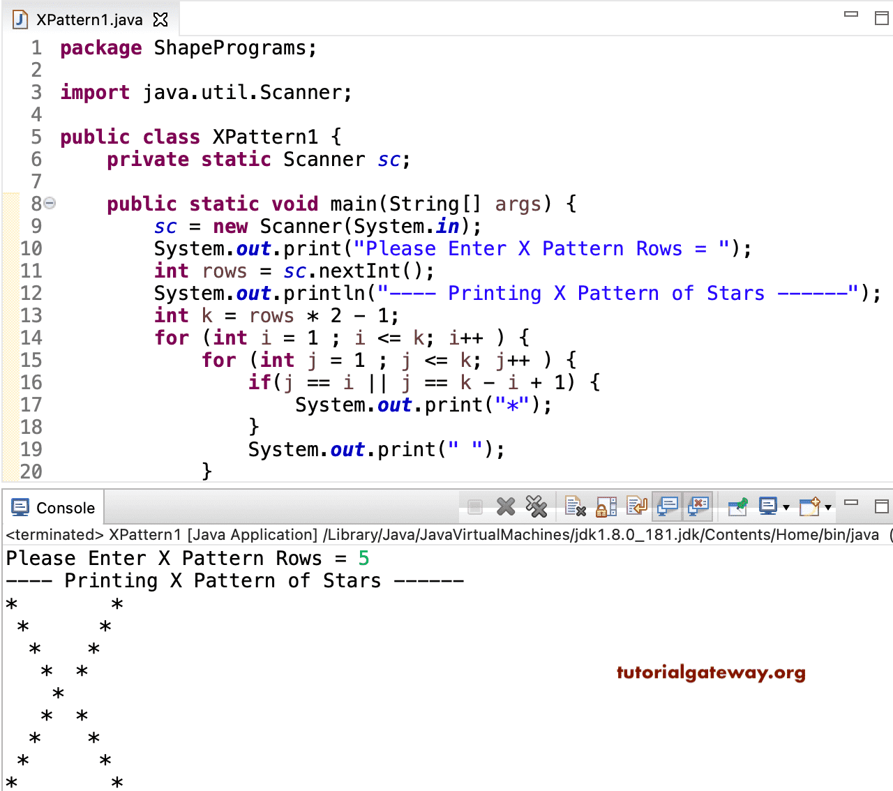 Java Program to Print X Star Pattern 1