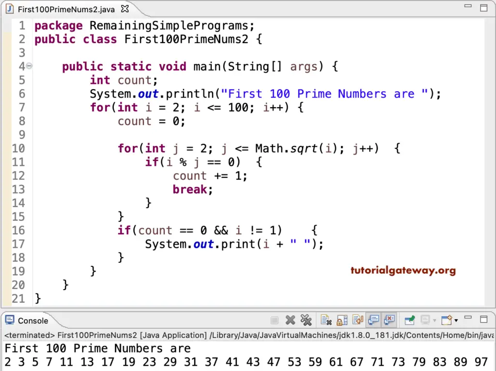 Java Program to Print first 100 Prime Numbers