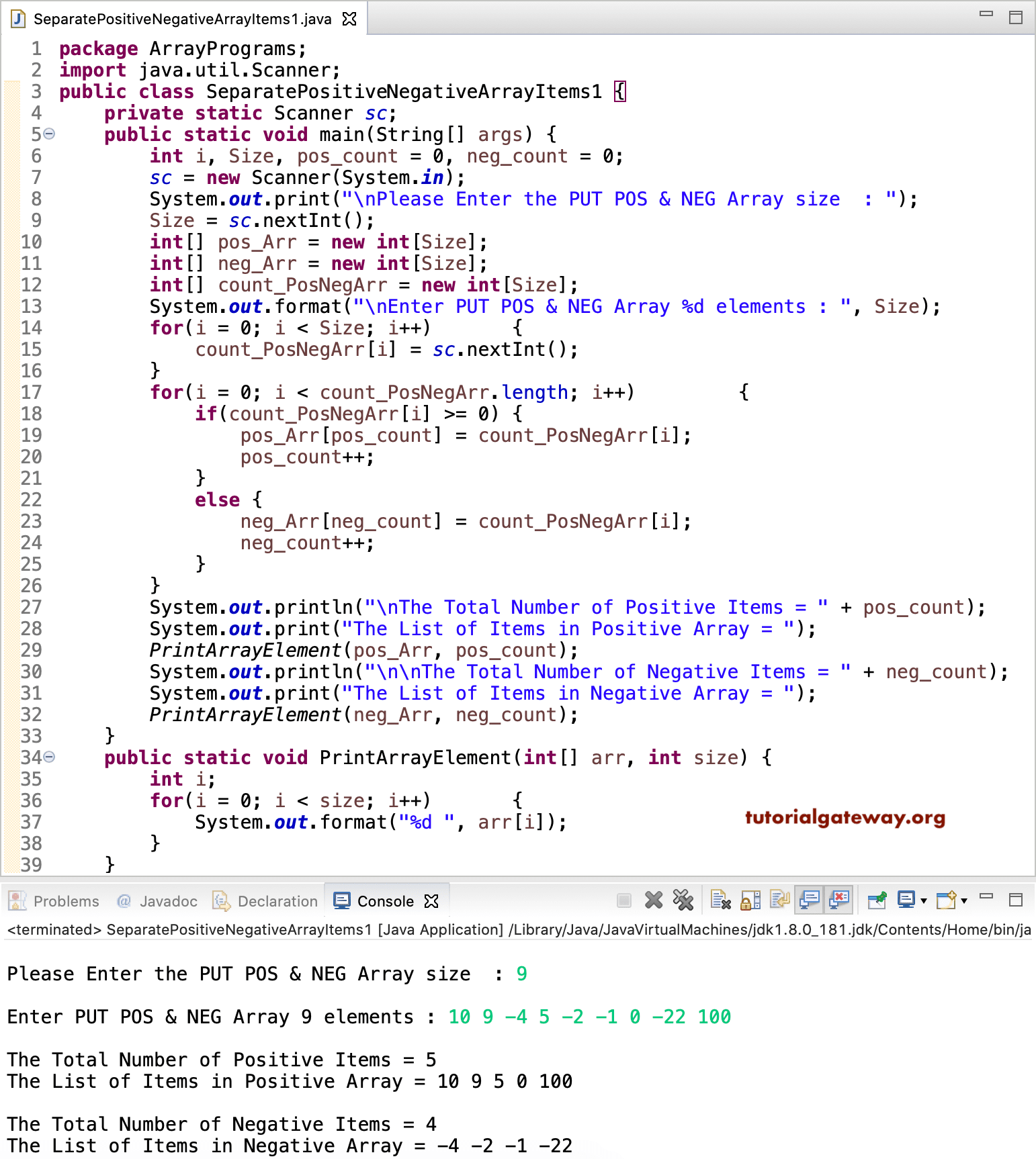 Java Program to Put Positive and Negative Numbers in Separate Array 2