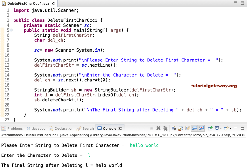 Java Program to Remove First Character Occurrence in a String 1