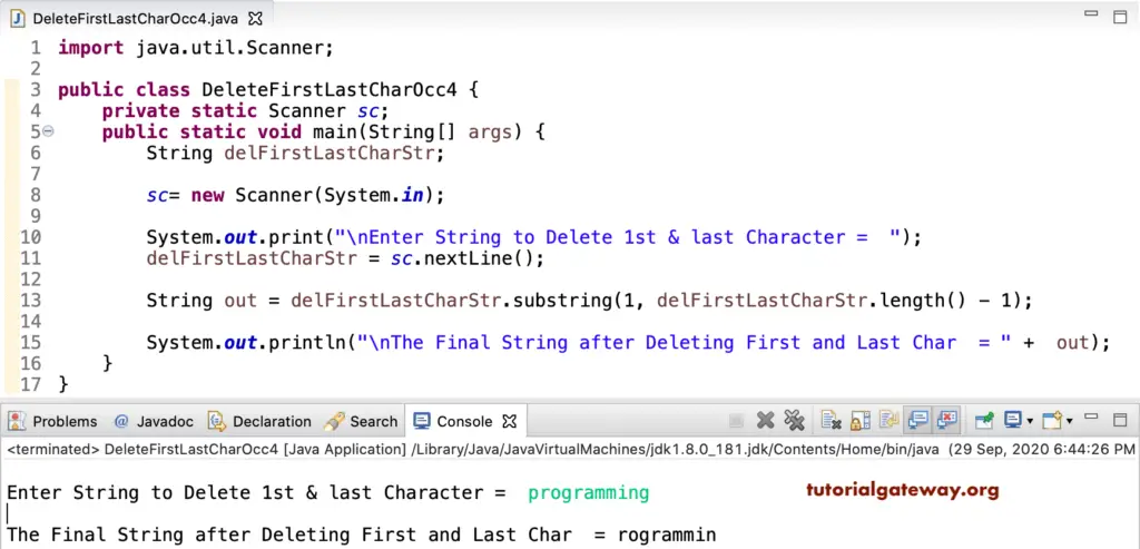 Java Program to Remove First and Last String character 4
