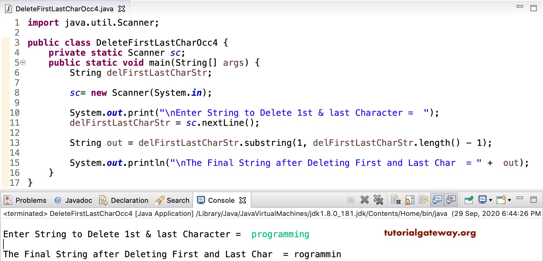 Java Program to Remove First and Last String character 4