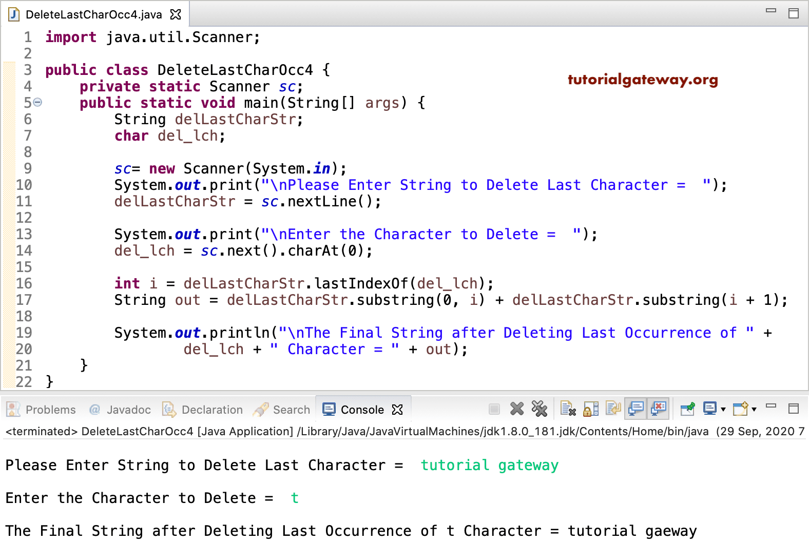 Java Program to Remove Last occurrence of a Character in a String 4