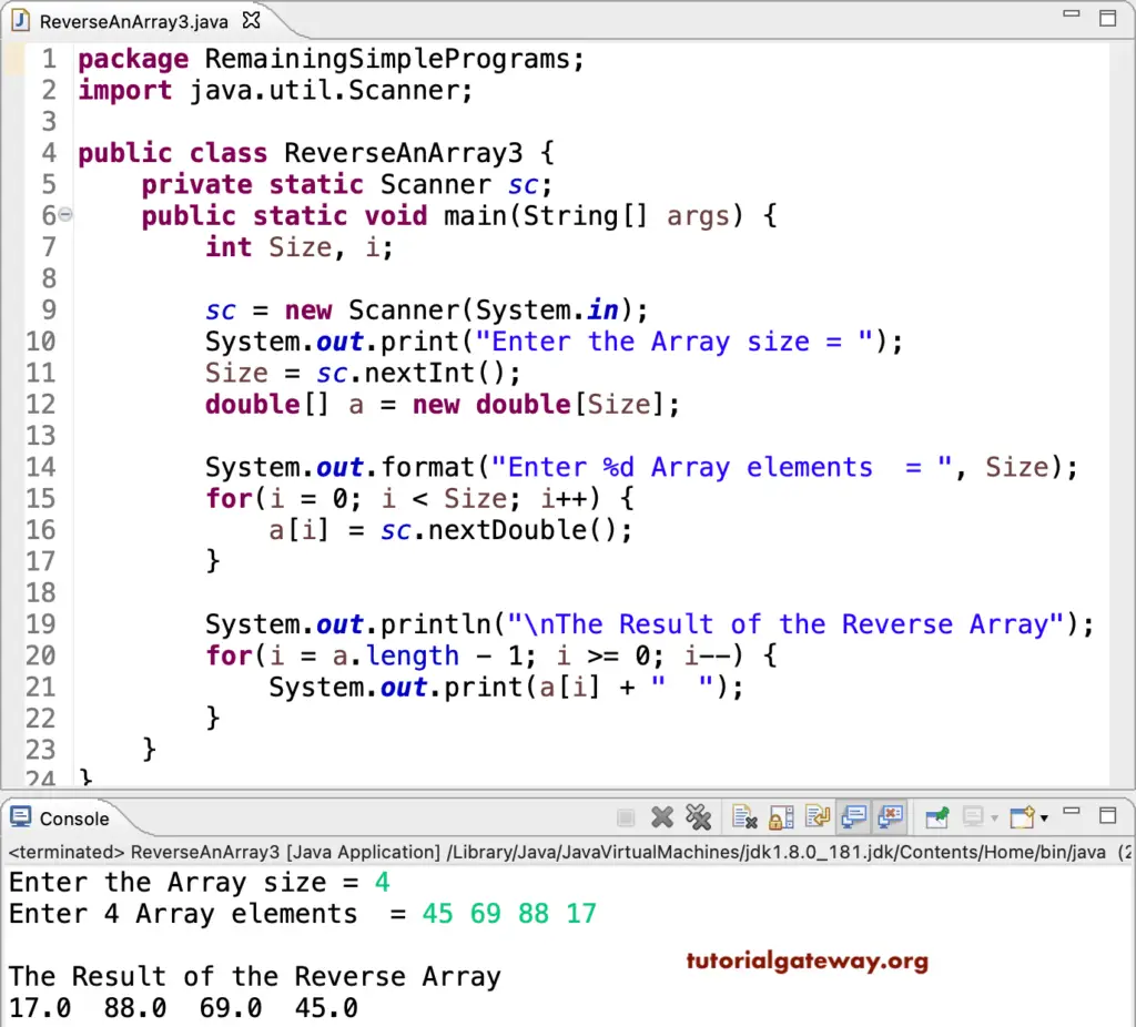 Java Program to Reverse an Array using for loop 3