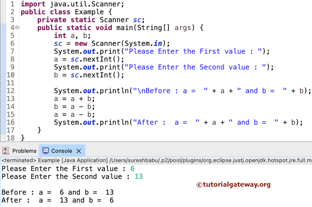 Java Program to Swap Two Numbers without Using Temp Variable