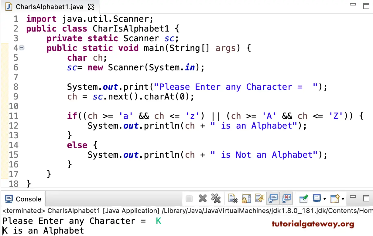 Java Program to check Character is Alphabet or Not 1