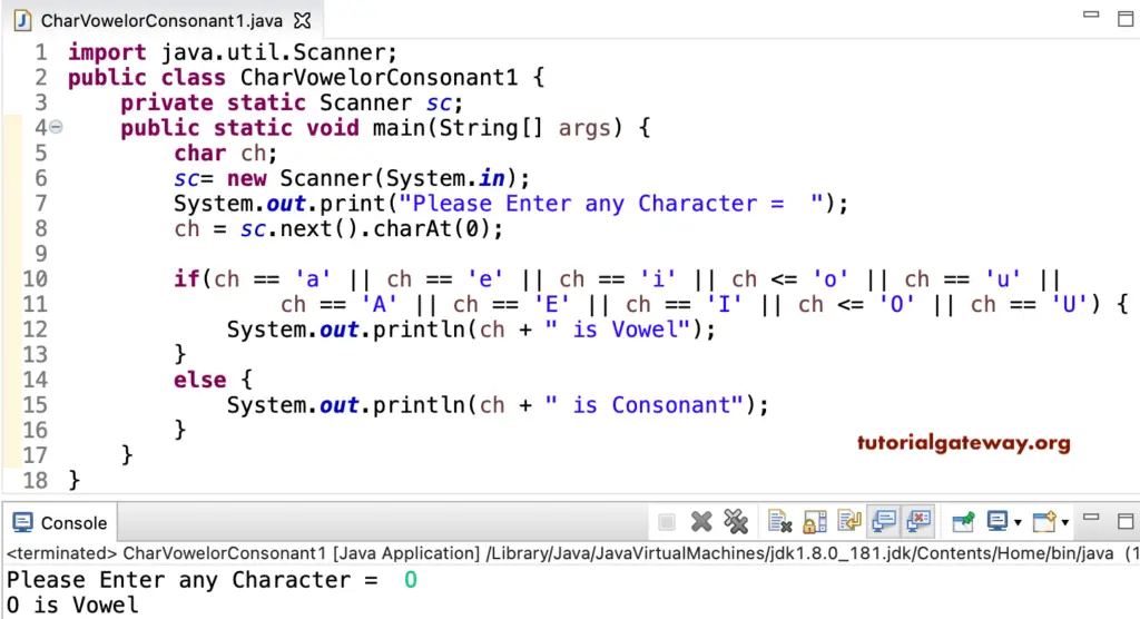 Java Program to check Character is Vowel or Consonant 1