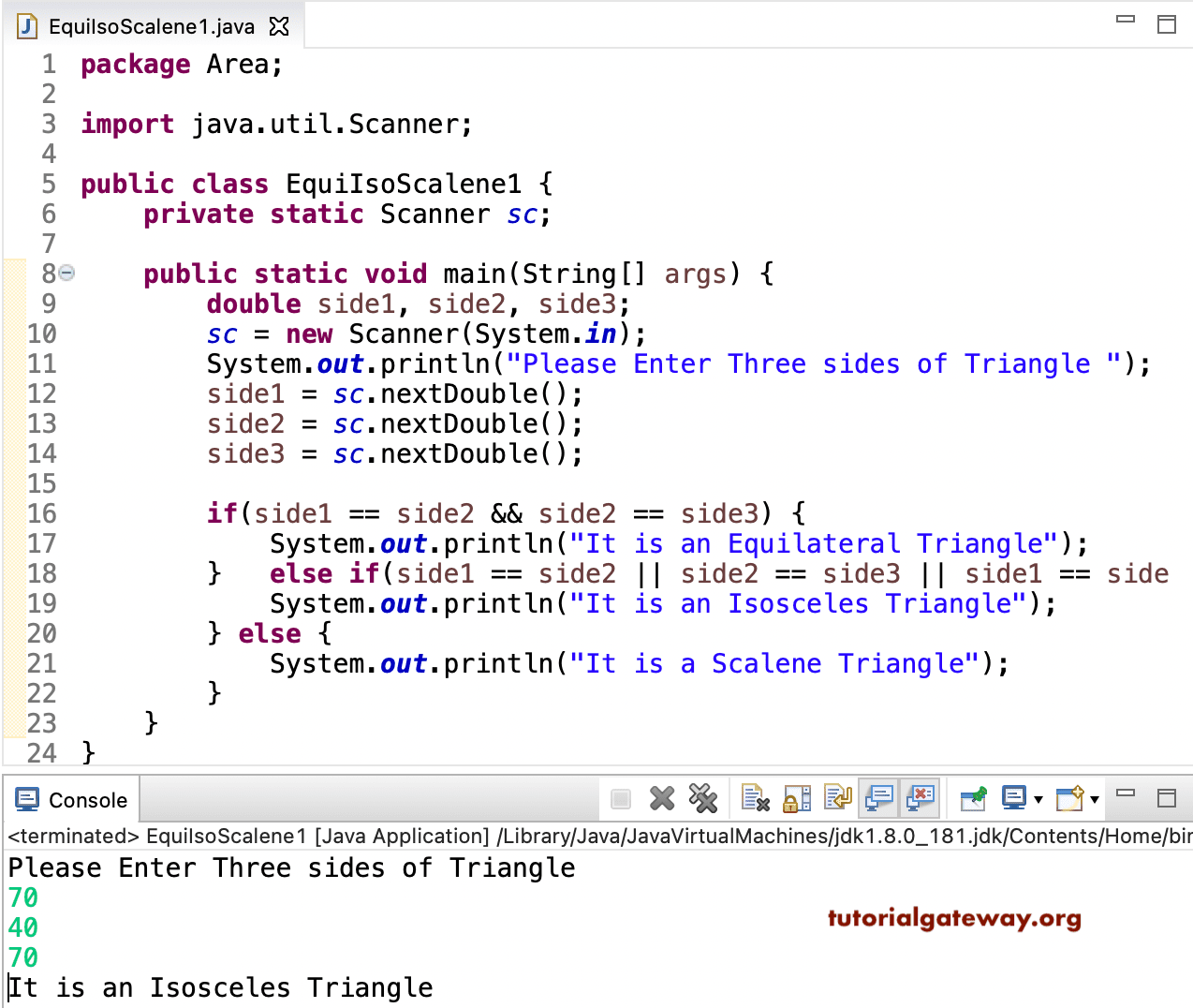 Java Program to check Triangle is Equilateral, Isosceles, or Scalene 1