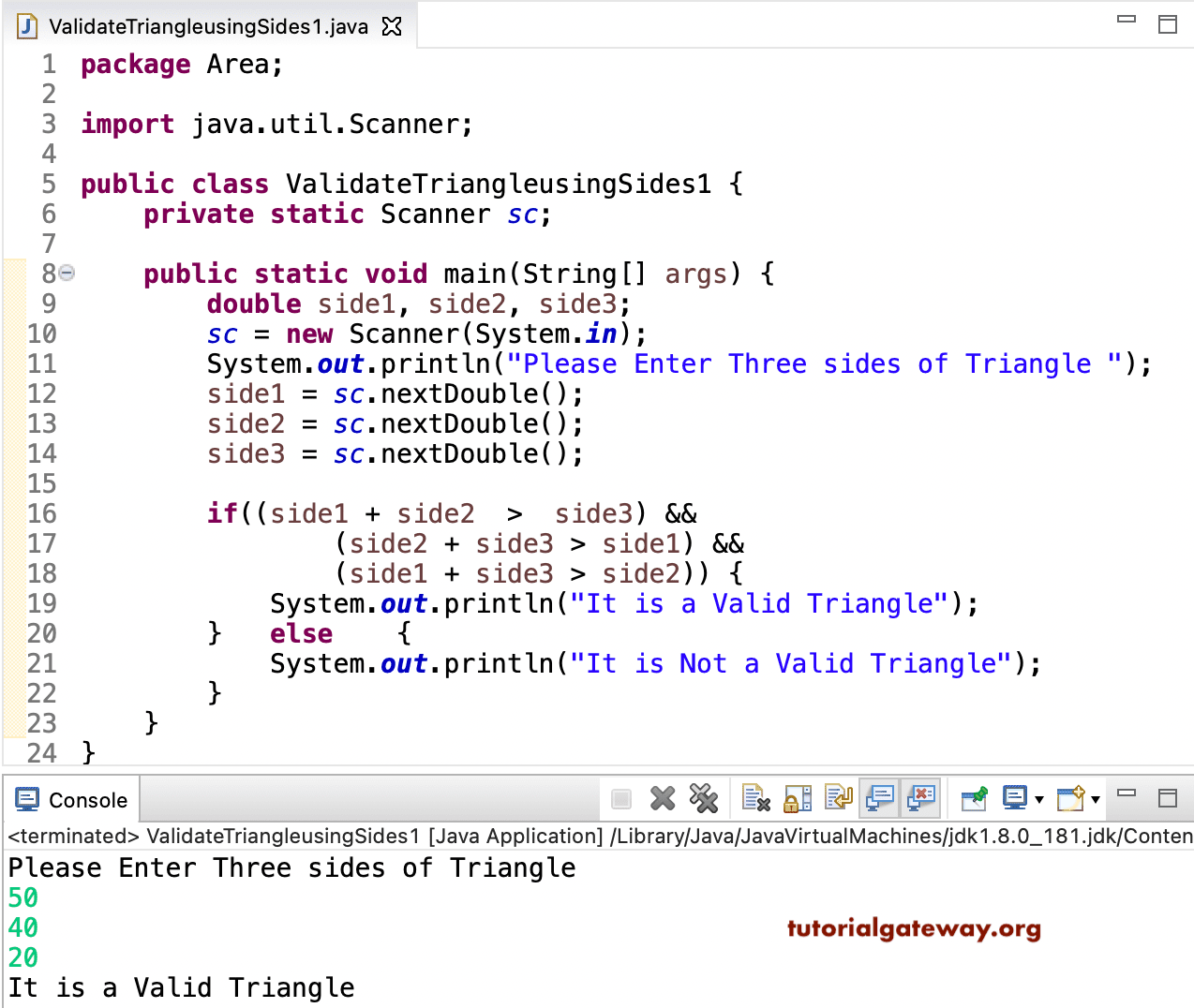 Java Program to check Triangle is Valid using Sides 1