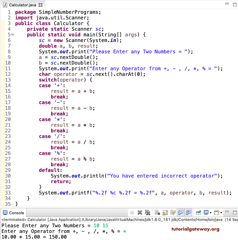 Java Program to create a Simple Calculator