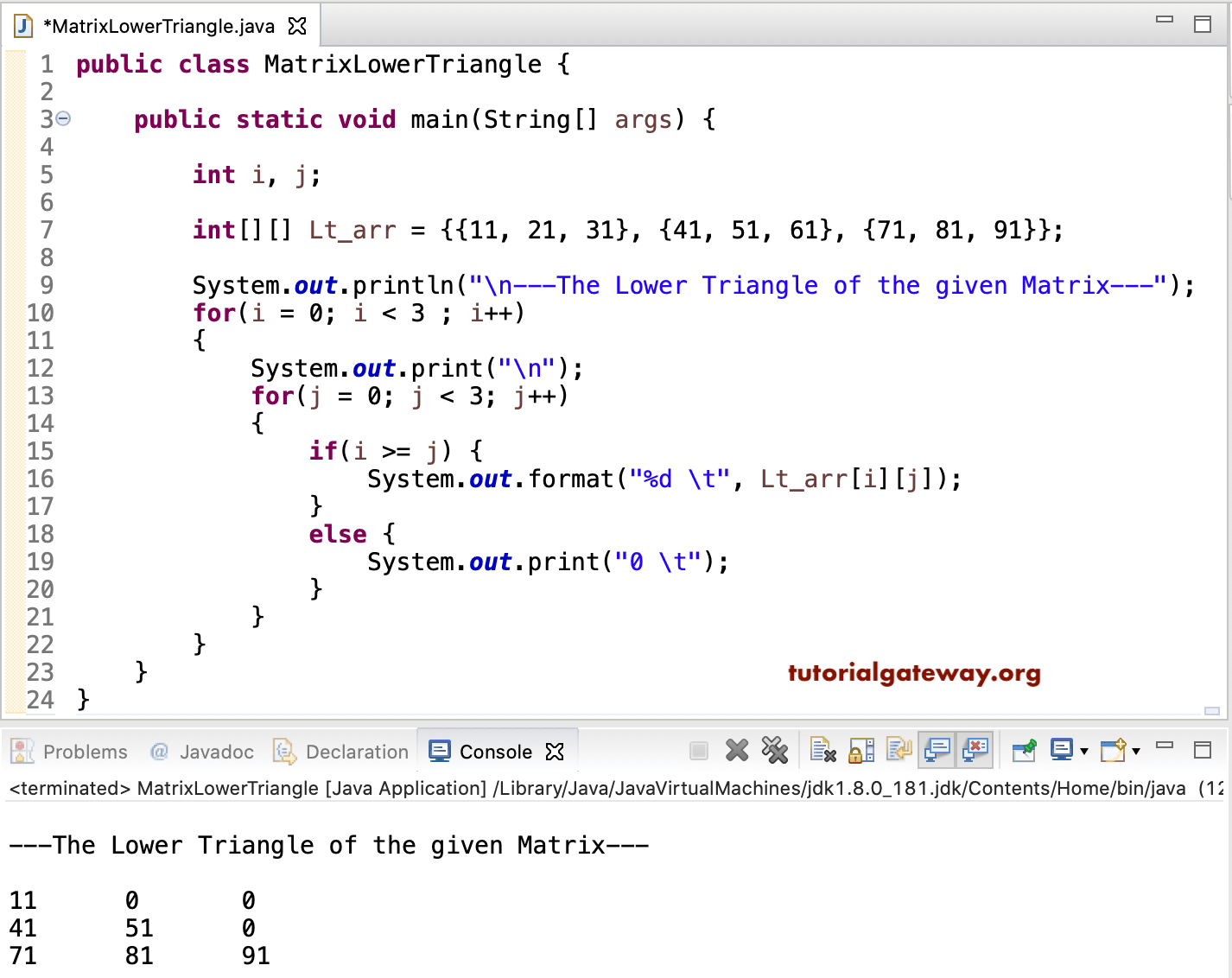 Java Program to display Matrix Lower Triangle 1