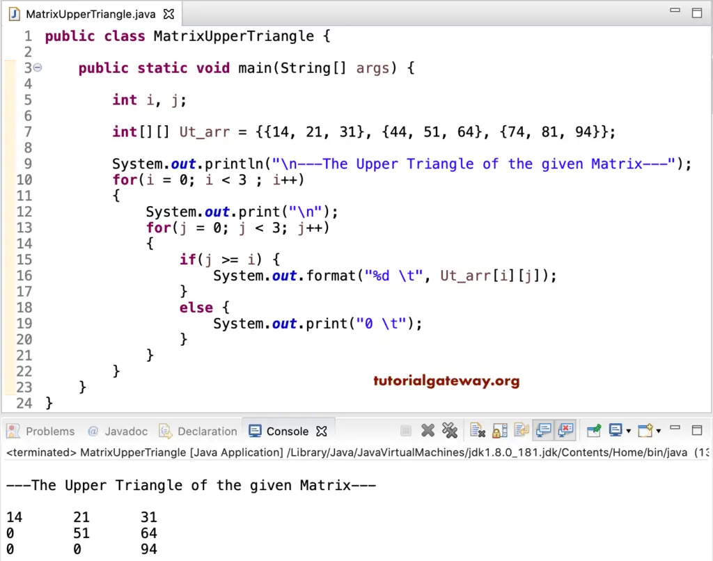 Java Program to display Matrix Upper Triangle 1