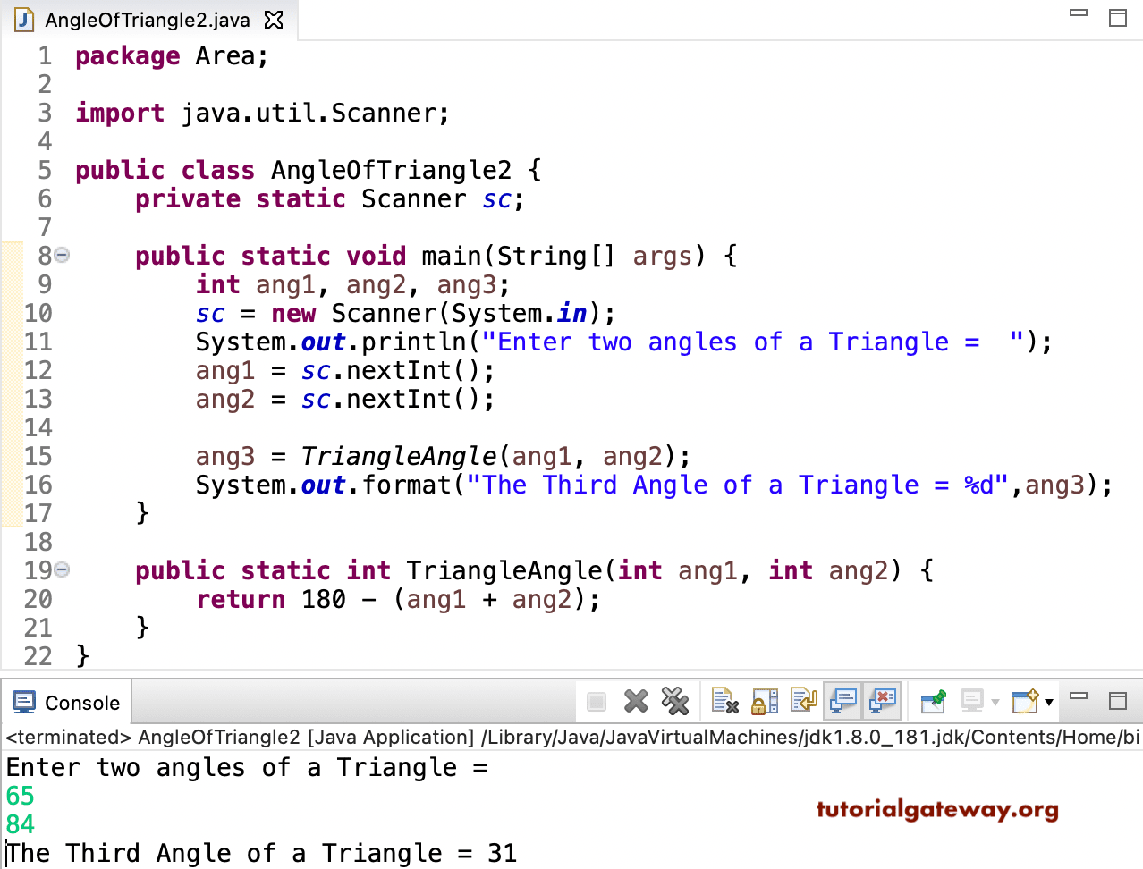 Java Program to find Angle of a Triangle 1