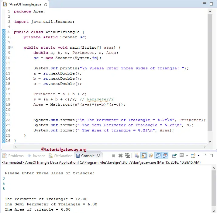 Java Program to find Area Of Triangle 1