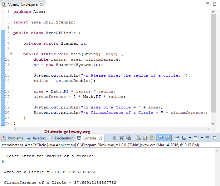 Java Program to find Area of Circle using Radius