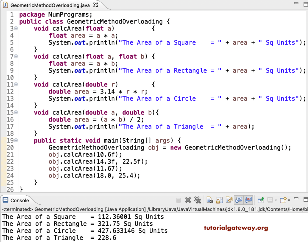 Java Program to find Area of Geometric Figures using Method Overloading