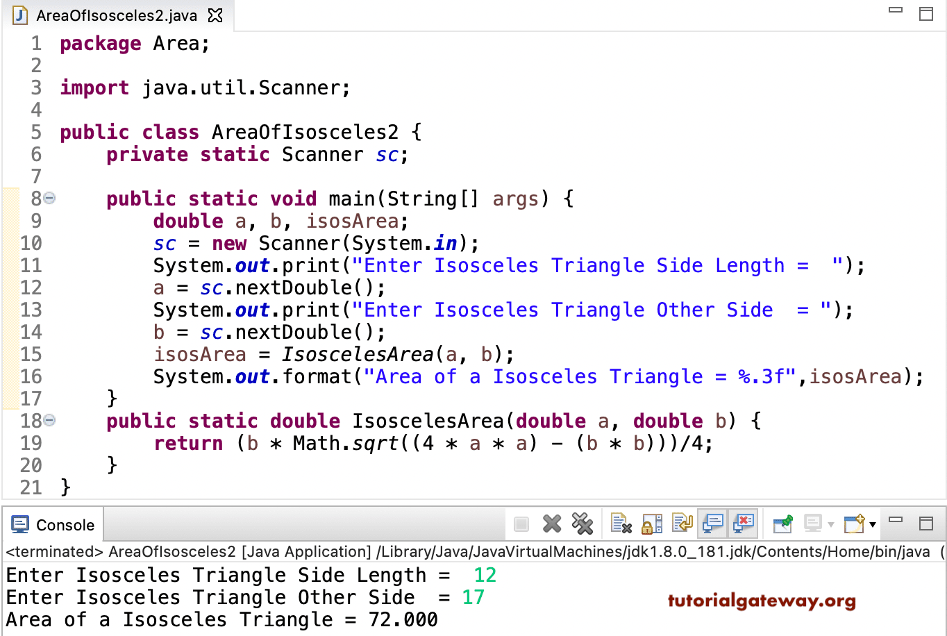 Java Program to find Area of a Isosceles Triangle 1