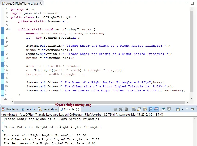 Java Program to find Area of a Right Angled Triangle 1