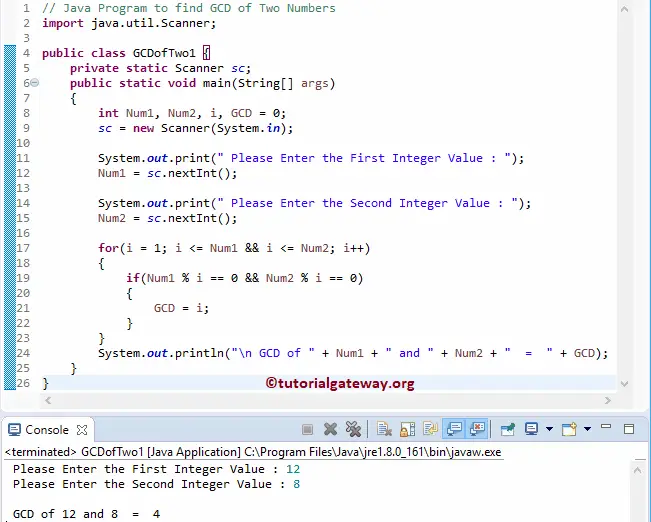 Java Program to find GCD of Two Numbers using For loop