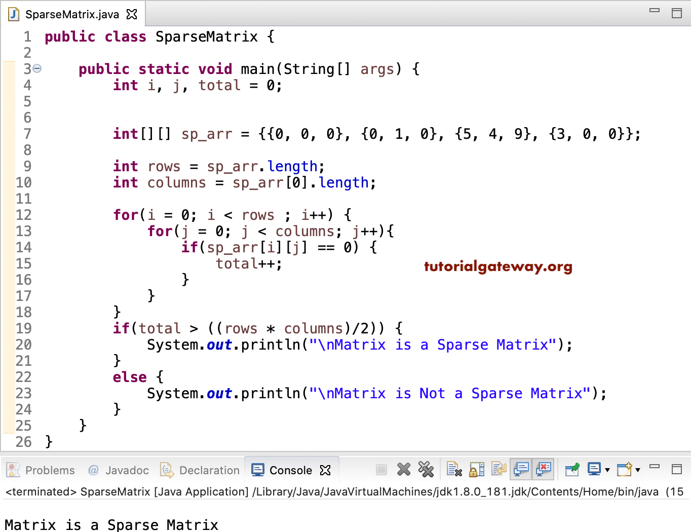 Java Program to find Matrix is a Sparse Matrix 1