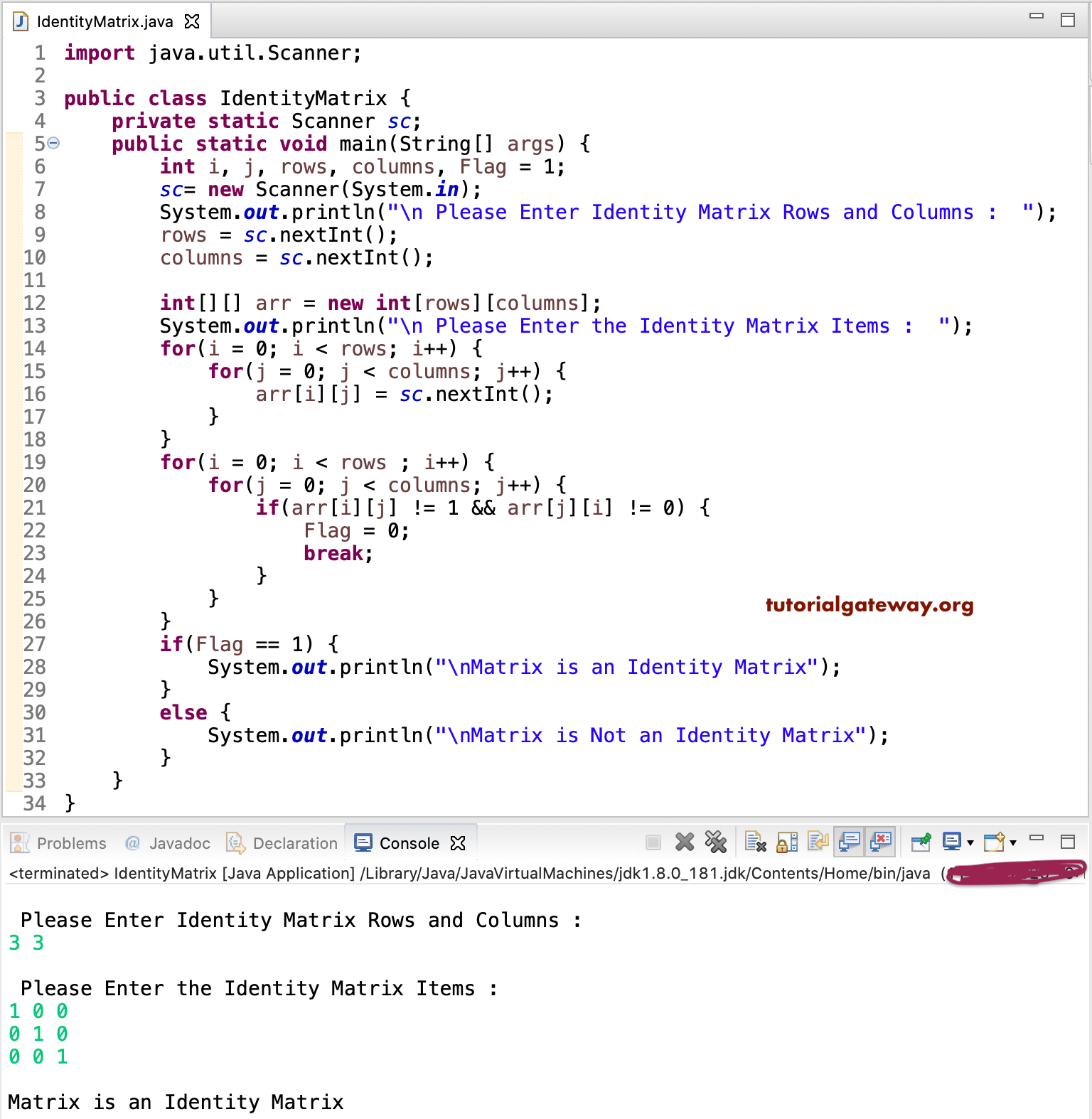 Java Program to find Matrix is an Identity Matrix 3