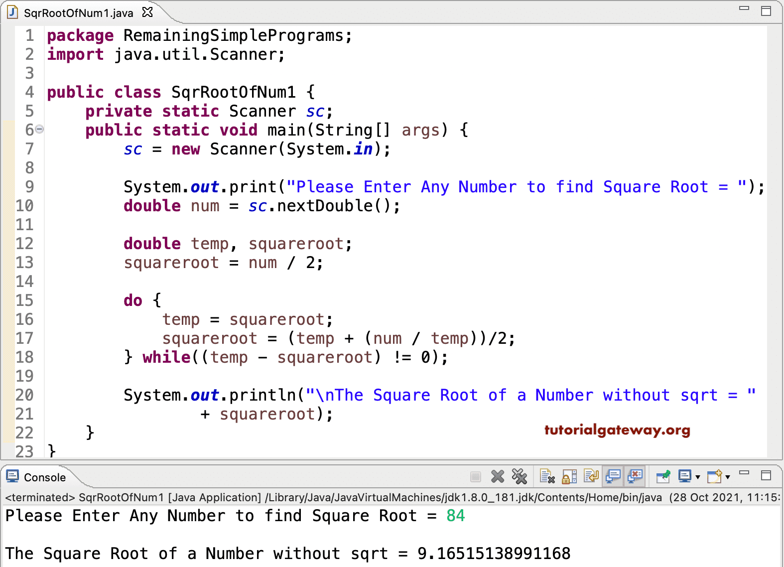Java Program to find Square Root of a Number without sqrt