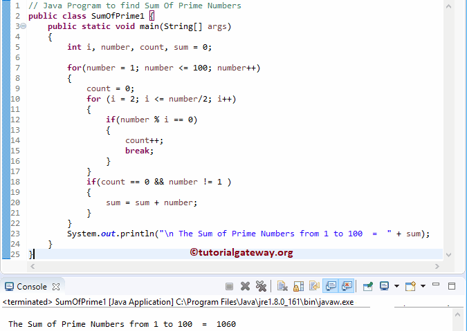 Java Program to find Sum Of Prime Numbers 1