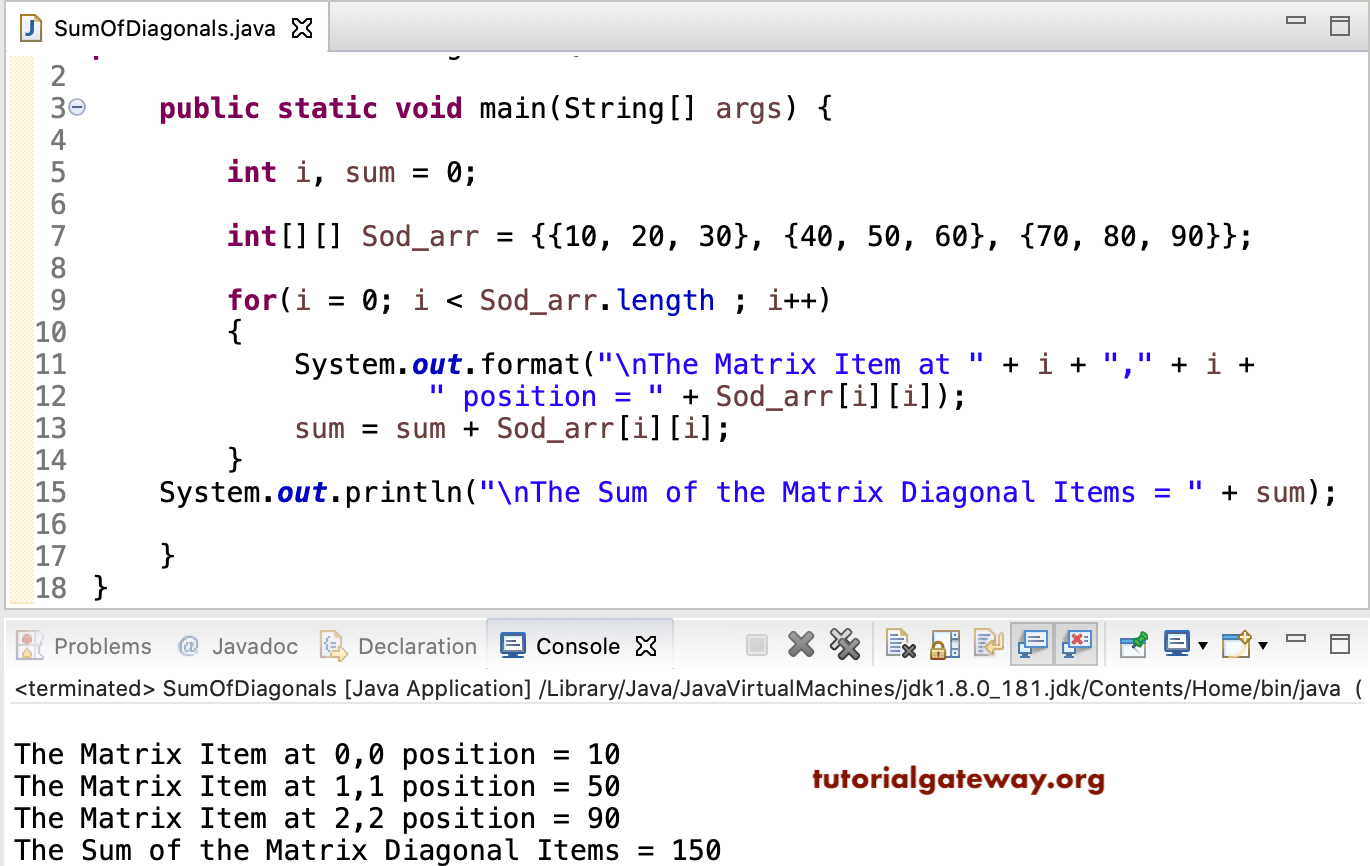 Java Program to find Sum of Matrix Diagonal 2