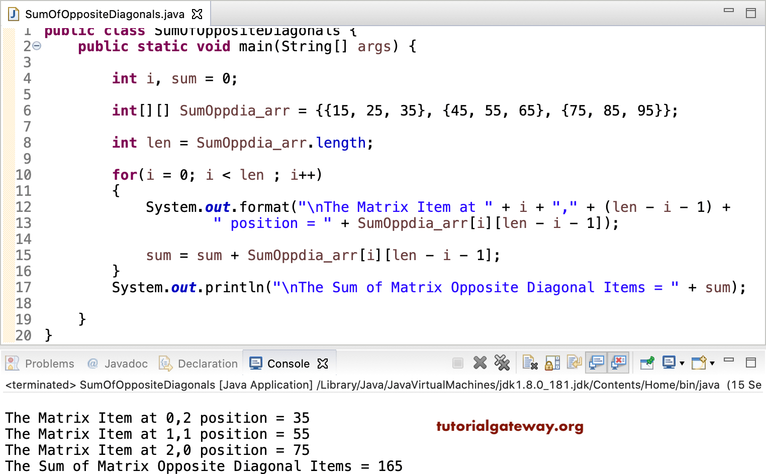 Java Program to find Sum of Matrix Opposite Diagonal 2