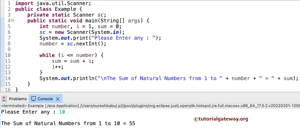 Java Program to find Sum of N Natural Numbers using While loop