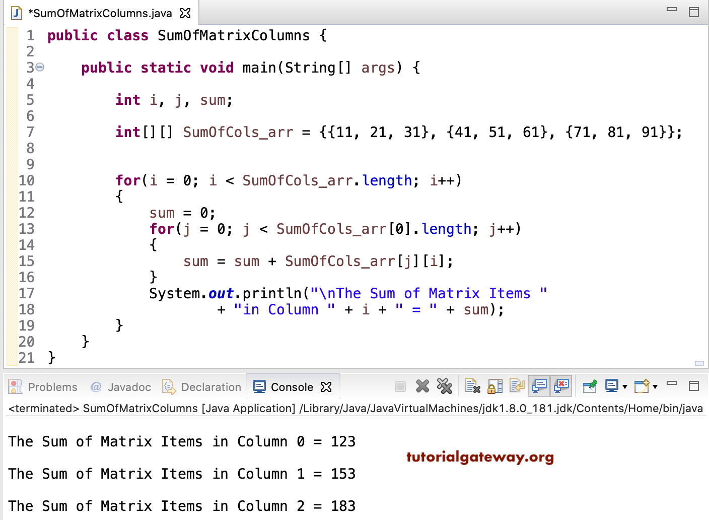 Java Program to find Sum of each Matrix Column 1