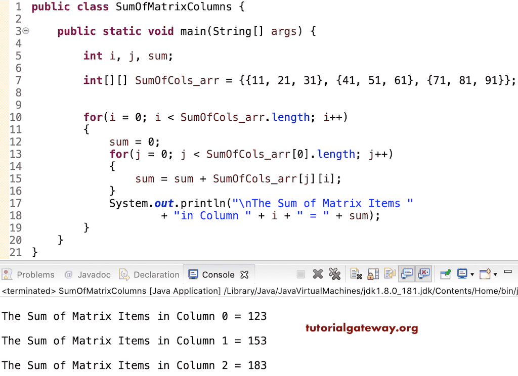 Java Program To Find Sum Of Each Matrix Column