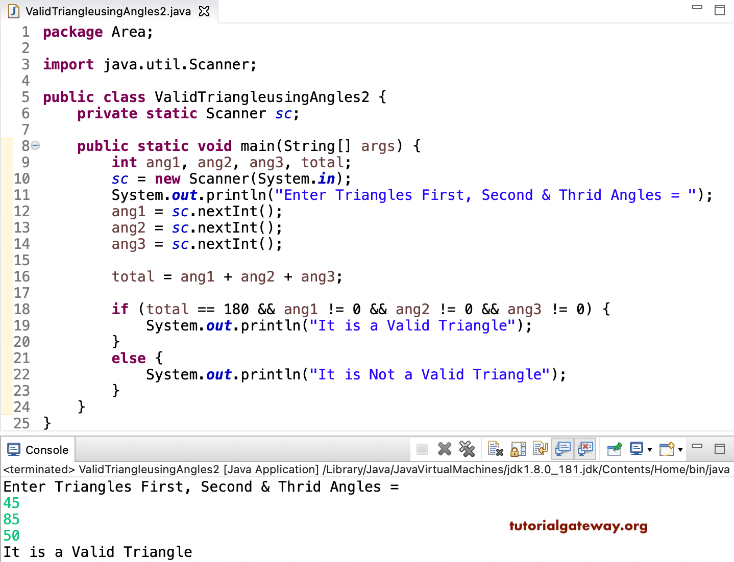 Java Program to find Triangle is Valid using Angles 1