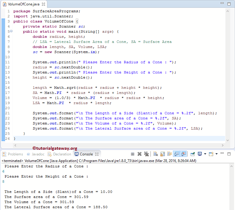 Java Program to find Volume and Surface Area of Cone 1