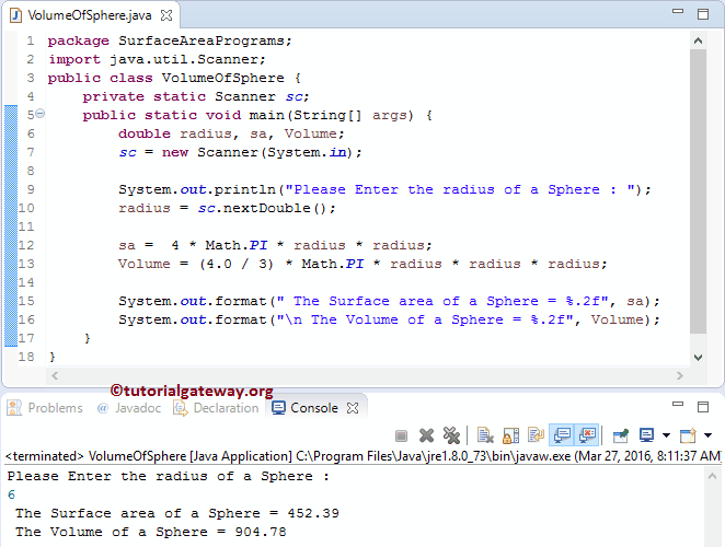 Java Program to find Volume and Surface Area of Sphere 1